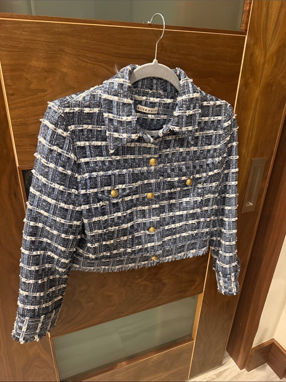 Alice + Olivia Navy & White Tweed Cropped Jacket xs